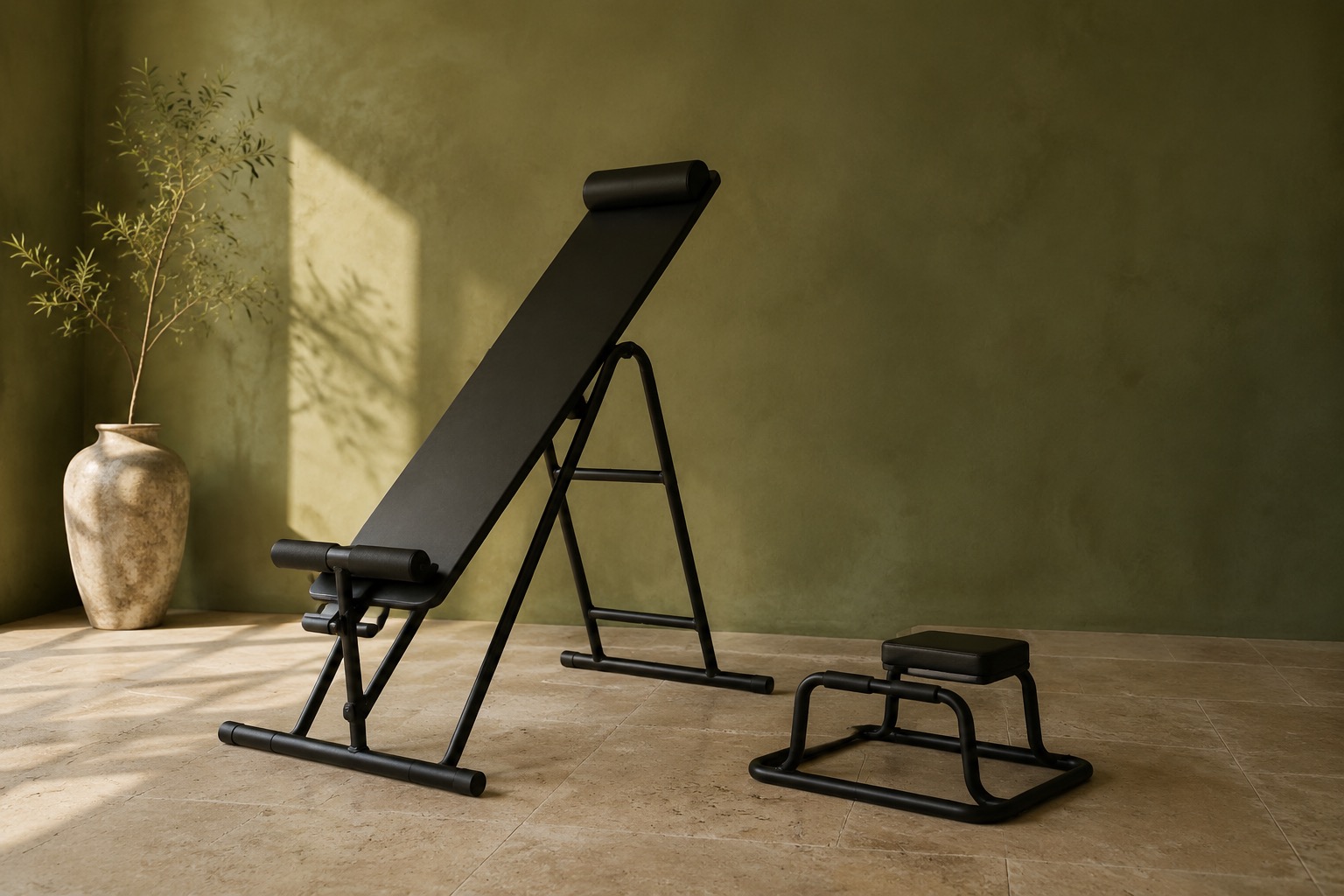 Practitioner working with an inversion apparatus against a studio wall