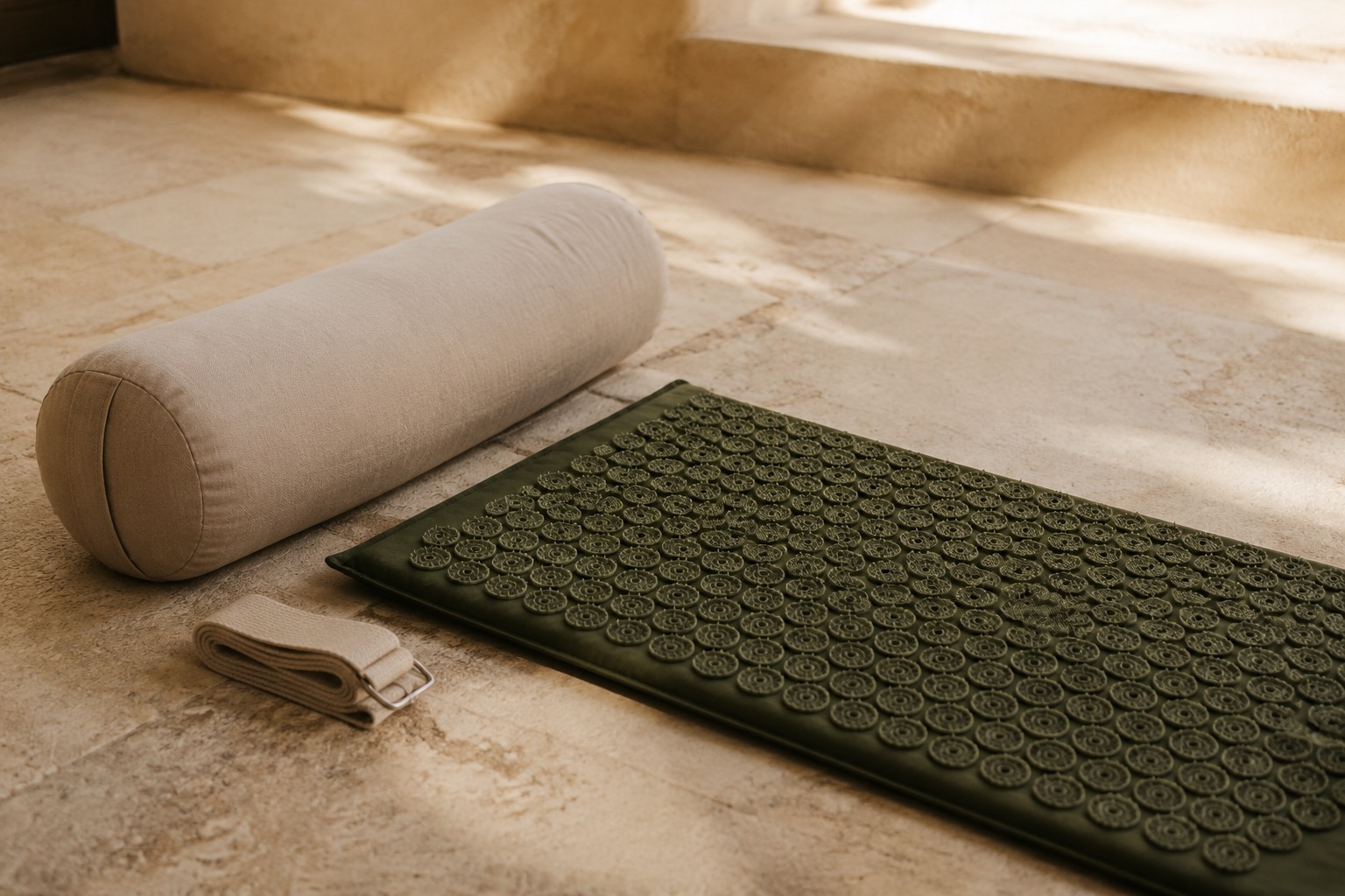 A restorative setup with bolster, blanket and strap